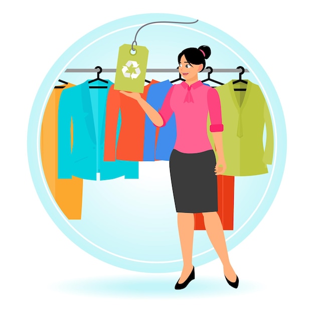 Vrouw met een milieuvriendelijk label met kleding op het rek
