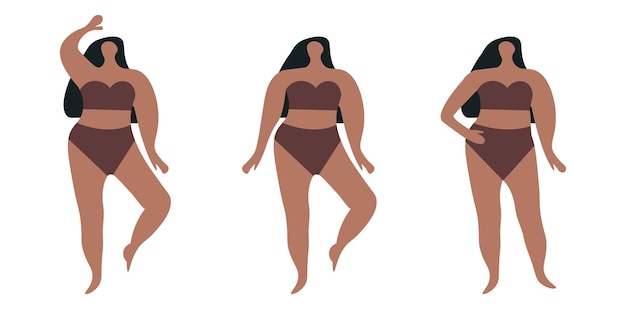 Vrouw met een onvolmaakt figuur. Lichaamspositief, zwaarlijvigheid, levensstijl, overgewicht, zelfacceptatieconcept