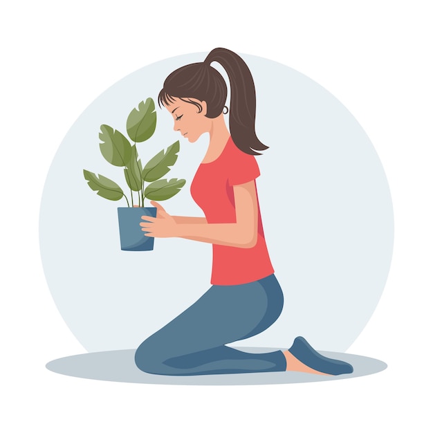 Vrouw met een waterpot en een huisplant in een pot Plantenverzorging Lente illustratie vector