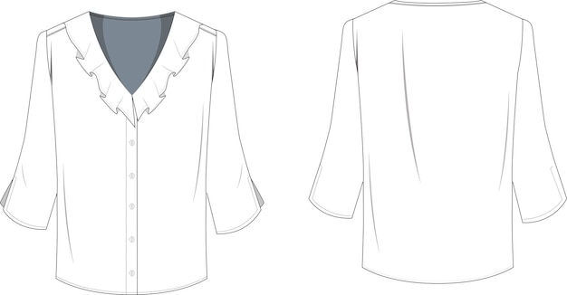 Vector vrouw met franjes gedetailleerde voorkant v-hals blouse met lange mouwen vector cad technische tekening