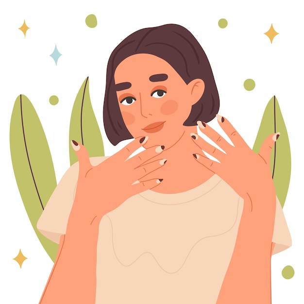 Vrouw met fris nageldesign Mooi vrouwelijk personage met verse nagellak platte vectorillustratie geïsoleerd op een witte achtergrond
