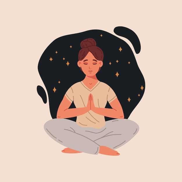 Vrouw met gesloten ogen die mediteert in de yoga lotushouding Mediterende vrouw met gekruiste benen meditatie en ademhaling oefening platte vector illustratie Harmonie en rust scène