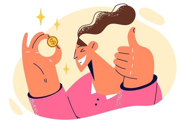 Vrouw met gouden munt die duimen laat zien die pronkt met verdiend geld of zich verheugt in investeringsinkomsten