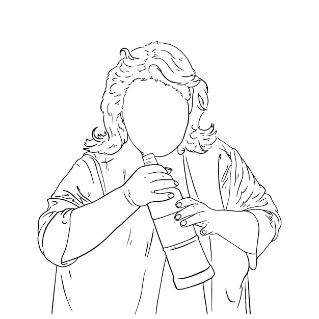 Vrouw met halflang haar met een fles alcoholische drank in haar handen in een jas doodle