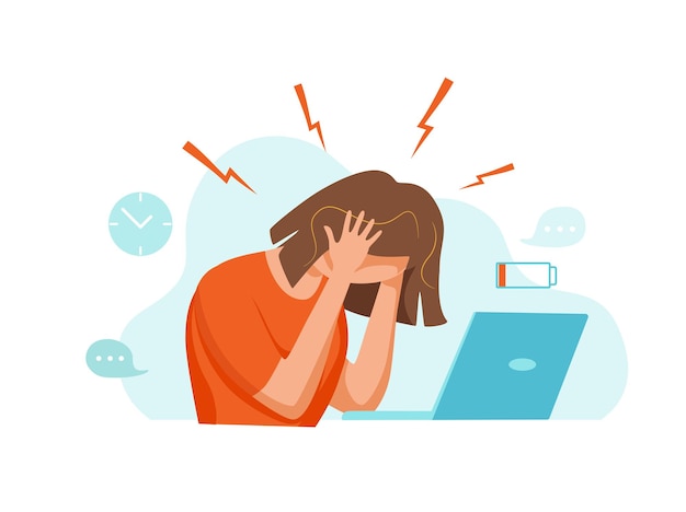 Vrouw met hoofdpijn migraine met haar hoofd cartoon vectorillustratie Benadrukt ongelukkig boos?
