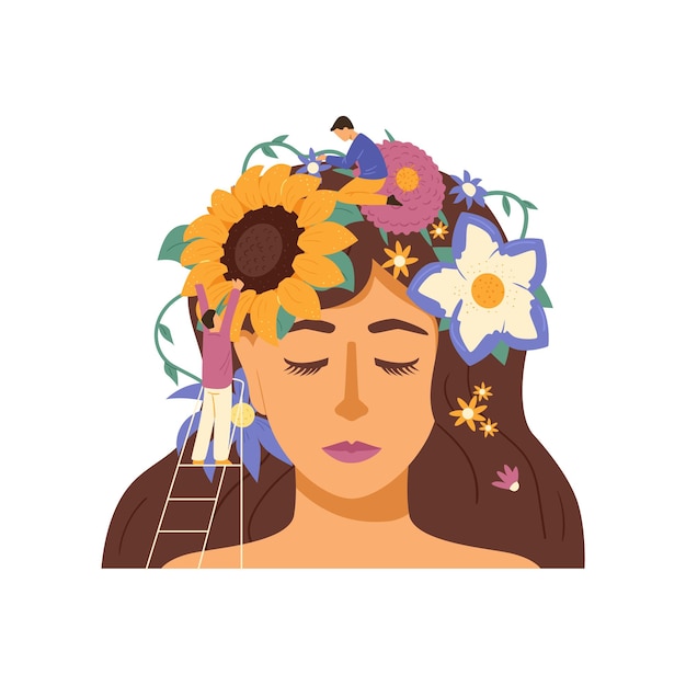 Vrouw met kalm gezicht en bloemen op hoofd als platte vectorillustratie van het geestelijke gezondheidsymbool geïsoleerd o