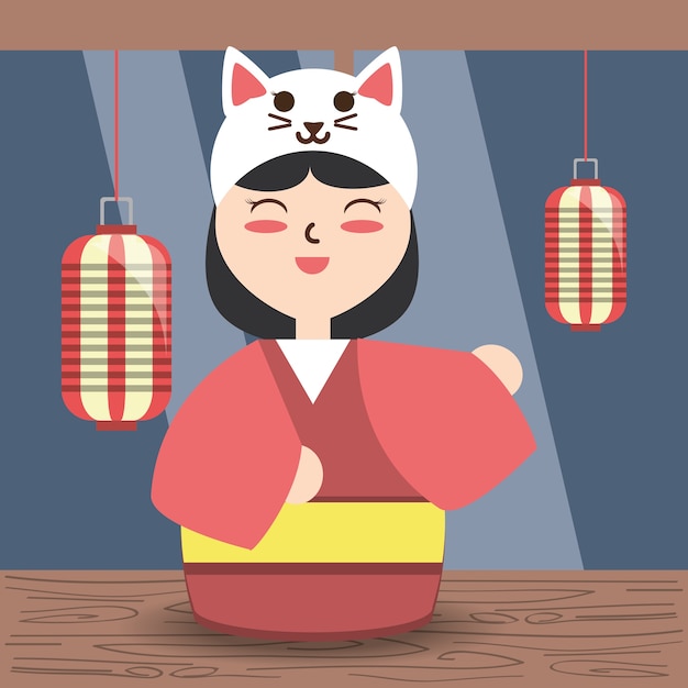 vrouw met kimono en custome kattenhoed ontwerp