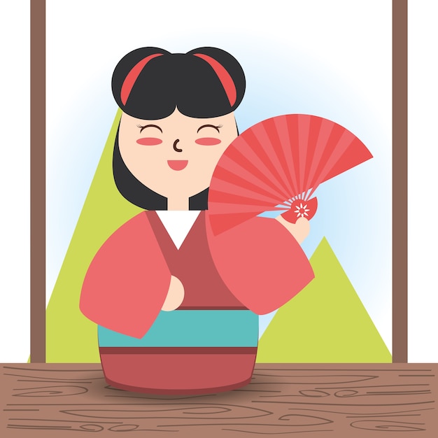 Vector vrouw met kimono en leuk decoratieontwerp