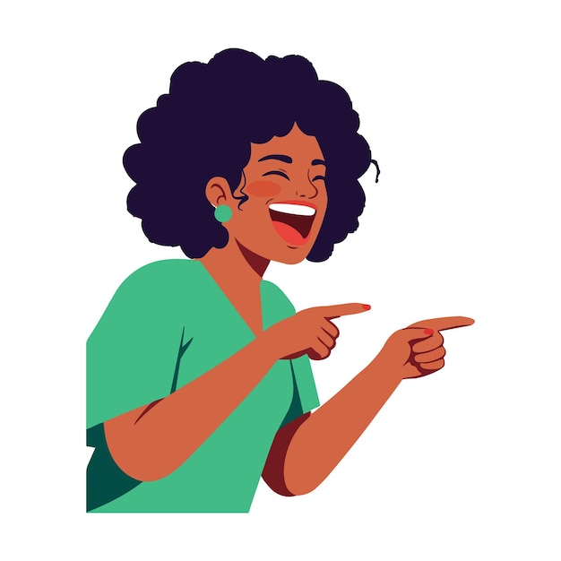 Vrouw met krullend haar lacht en wijst met vingers in groene top illustratie vector