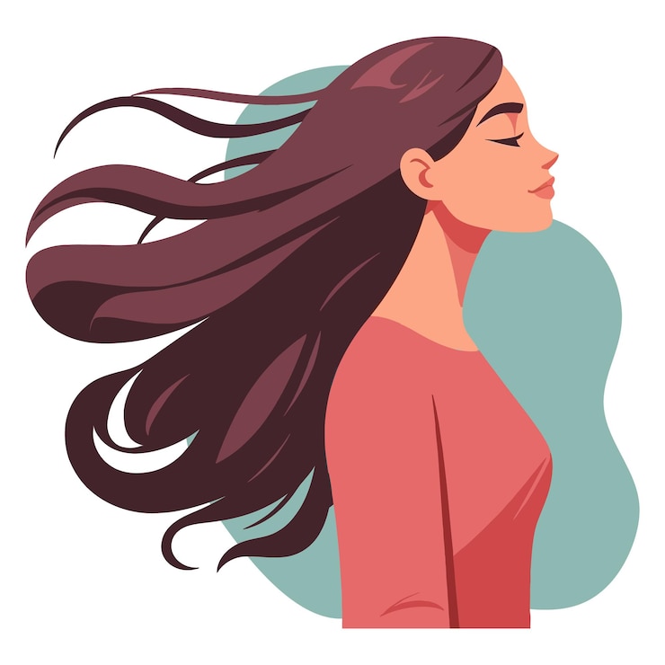 Vector vrouw met lang vliegend haar in een zijprofiel platte cartoon vector illustratie