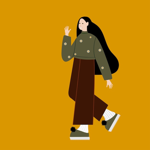 Vrouw met lang zwart haar die over geel loopt