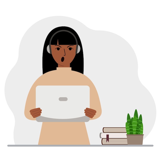 Vrouw met laptop en koptelefoon Werken vanuit huis student freelancer assistent blogger of zakenman Thuiskantoor concept Platte vectorillustratie