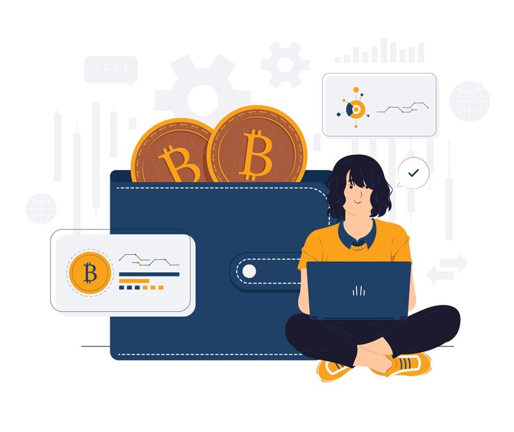 Vrouw met laptop gaat zitten voor de illustratie van het cryptocurrency-portemonneeconcept