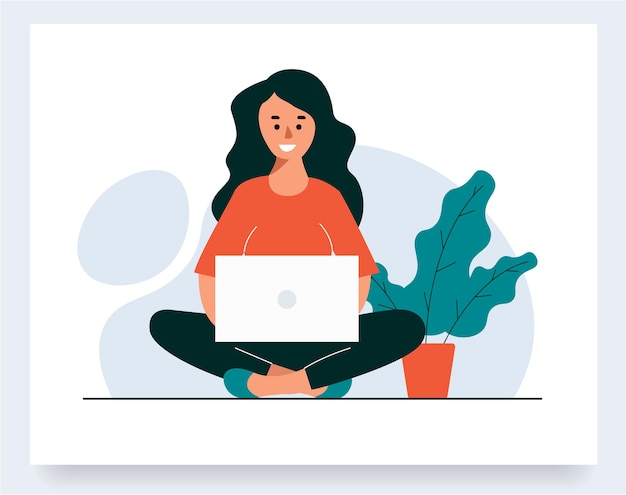 Vector vrouw met laptop zitten in de natuur en bladeren. concept illustratie voor werken, freelancen, studeren, onderwijs, thuiswerken. vectorillustratie in platte cartoonstijl