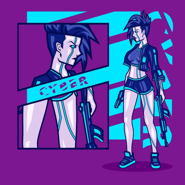 Vrouw met pistool cyberpunk stijl cartoon karakter illustratie