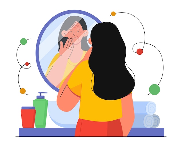 Vrouw met rimpels in de buurt van spiegel concept ouderen kijken naar haar reflectie huid- en gezichtsverzorging