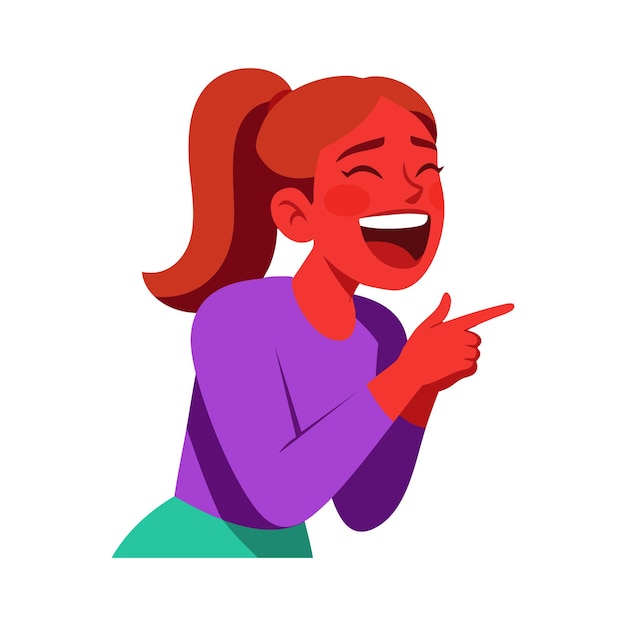 Vrouw met rode huid lacht en wijst met de vinger in paarse top en blauwe rok vector illustratie