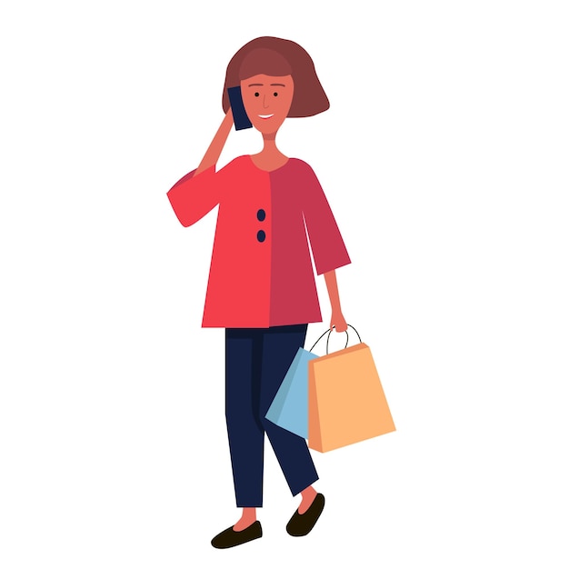 Vrouw met smartphone en boodschappentassen Platte vectorillustratie