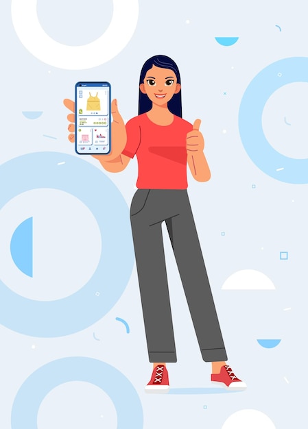 Vrouw met smartphone en show Online winkelen kledingwinkel op mobiele app