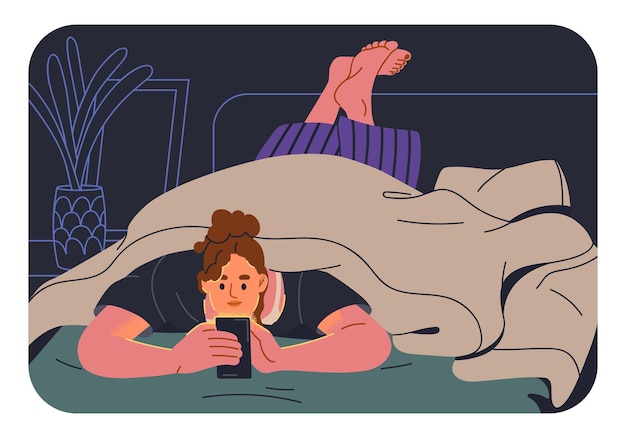 Vrouw met smartphone in bed's nachts Late avond vrije tijd met mobiele telefoon sociale media Vrouw liggend onder de deken scrollend surfen internet kijken naar video's Platte vector illustratie
