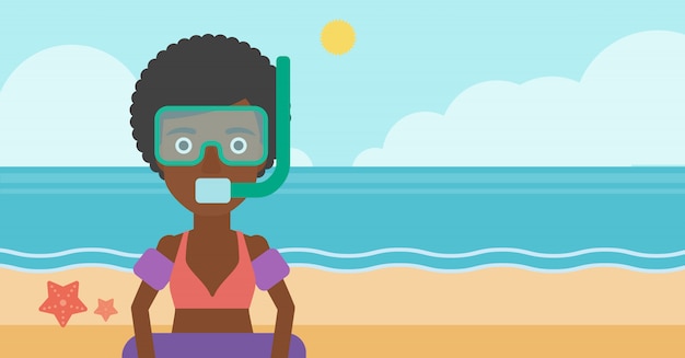 Vector vrouw met snorkeluitrusting op het strand.