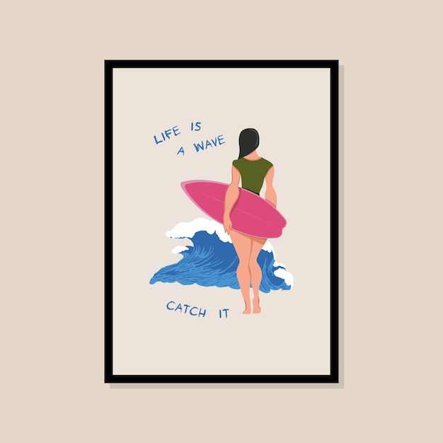 Vrouw met surfplank vector kunst print poster voor uw kunstgalerie aan de muur