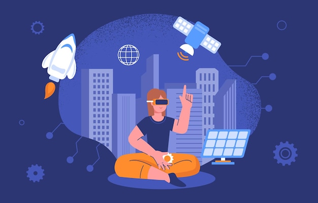 Vector vrouw met verbonden wereldconcept jong meisje in vr-bril dichtbij satelliet en raket moderne stadsinfrastructuur en architectuur wifi en internet metaverse cartoon platte vectorillustratie