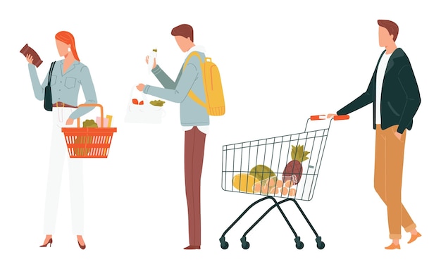Vrouw met winkelmand onderzoekt product casual outfit Man inspecteert sla plastic