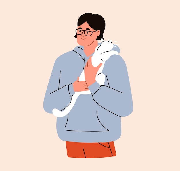 Vrouw met witte harige pluizige schattige kat op haar schouder katteneigenaar huisdier cartoon platte vector