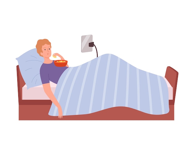 Vrouw ontbijten in bed platte vectorillustratie Meisje in bed liggen en gezond eten