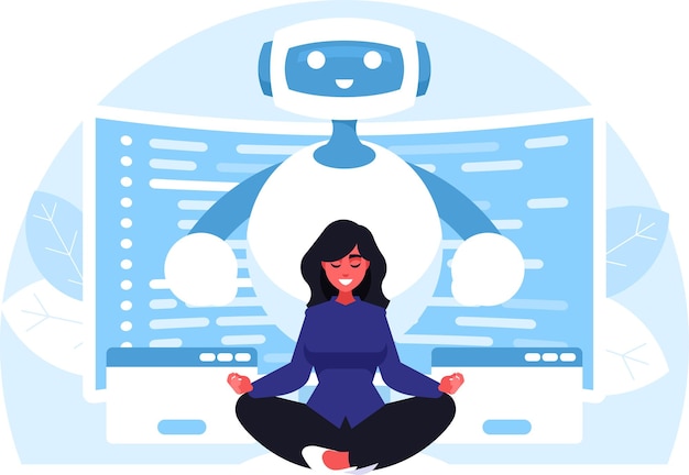 Vrouw ontspant Vrouw doet yoga op de achtergrond van AI robot assistent Online klantenservice