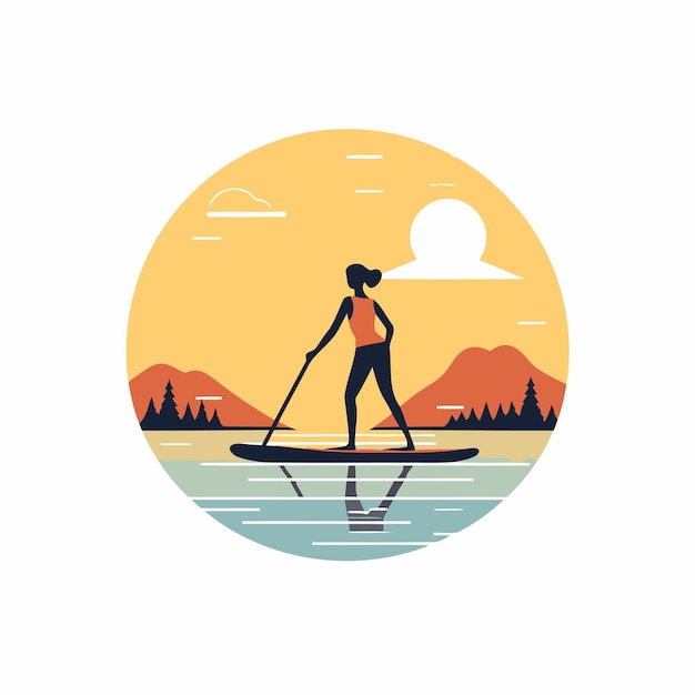 Vector vrouw op een stand-up paddle board vector illustratie in platte stijl