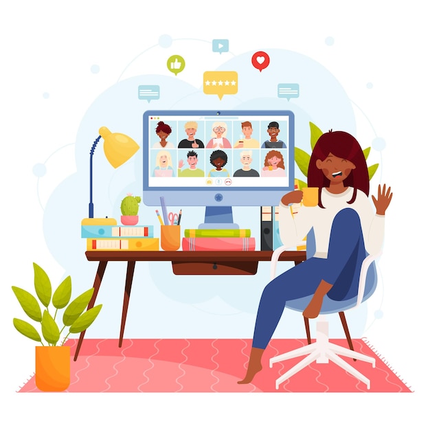 Vrouw op kantoor aan huis heeft online videochat-conferentievergadering met diverse groep mensen thuiskantoor werkplekconcept vectorillustratie