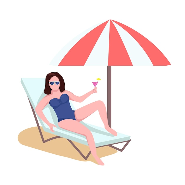 Vrouw op strand longue met parasol semi-egale kleur vector karakter