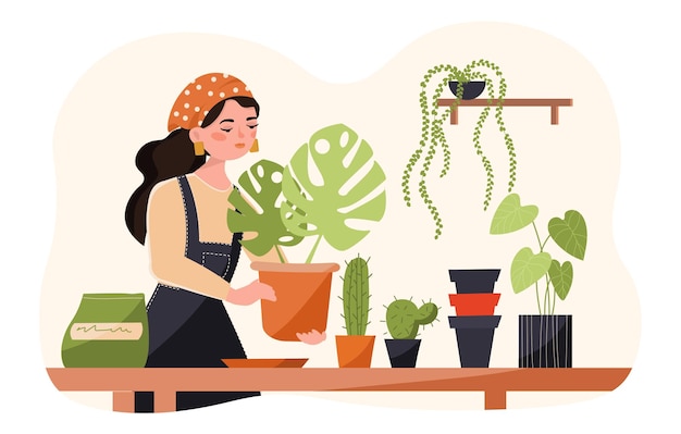 Vrouw plant tuinen bloemen vrouwelijk personage zorgt voor huiselijke planten in potten interessant