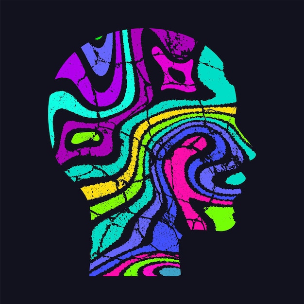 Vrouw profiel silhouet van hoofd met neon abstract psychedelisch patroon