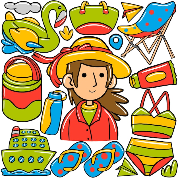 Vrouw reiziger kawaii doodle in platte cartoon stijl