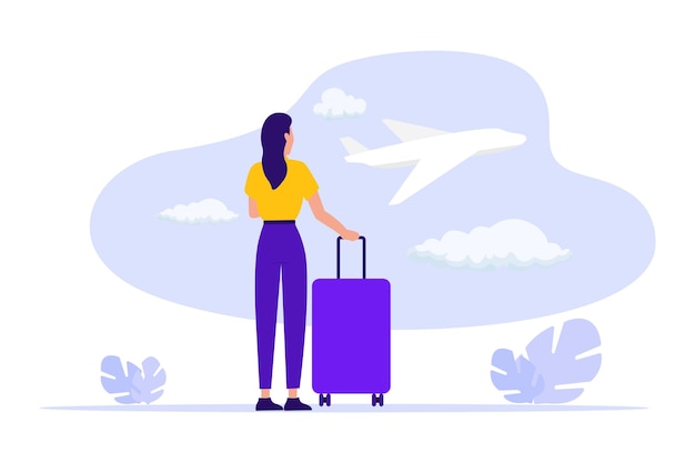 Vrouw reiziger op luchthaven vertrekgebied wachten op vlucht Concept van zakenreizen of toerisme werk in reis Vector illustratie van zakenreis Vliegtuig achter venster