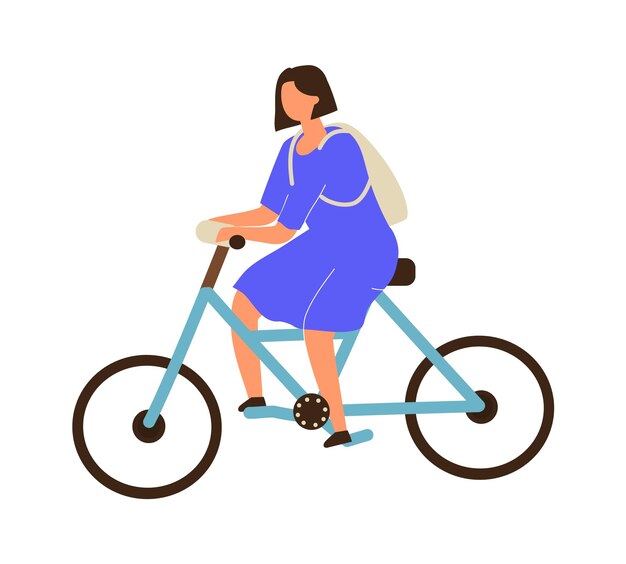 Vrouw rijden jonge vrouw op fiets tiener meisje in blauwe jurk rijden fiets Eco vriendelijke vervoer manier van bewegen rond stadsrecreatie in park Fietser vlakke vectorillustratie