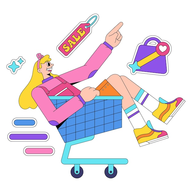 Vrouw rijdt winkelwagentje na bestelling complete illustratie en sticker met concept terug naar jaren 90