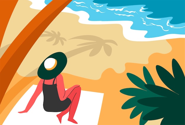 Vector vrouw rust aan zee in de schaduw van palmbomen