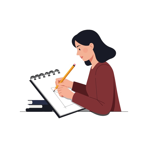 Vrouw schetst in een notitieboek met potlood in platte vectorkunststijl