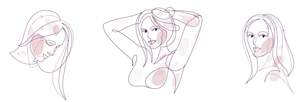 Vrouw schoonheid gezicht vector lineaire illustraties set delicate lijn kunst van aantrekkelijke meisje portretten collectie abstracte vrouwelijke tekeningen minimale stijl geïsoleerd