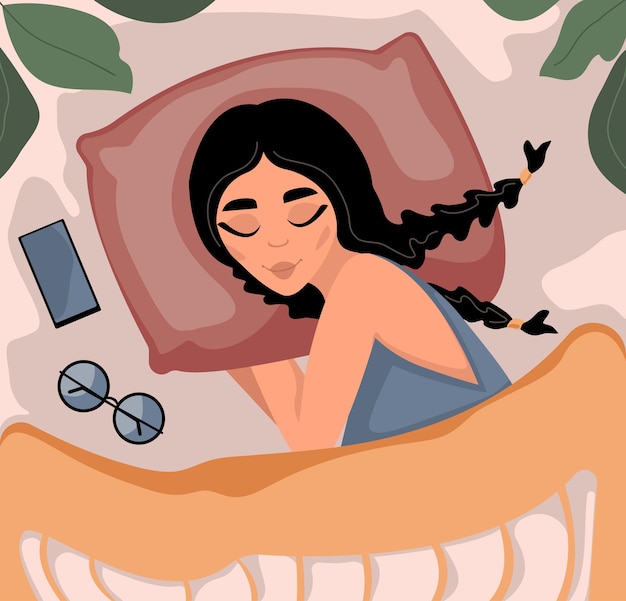 Vrouw slaapt in bed Gezonde slaap Concept Vector platte Cartoon Trendy illustratie