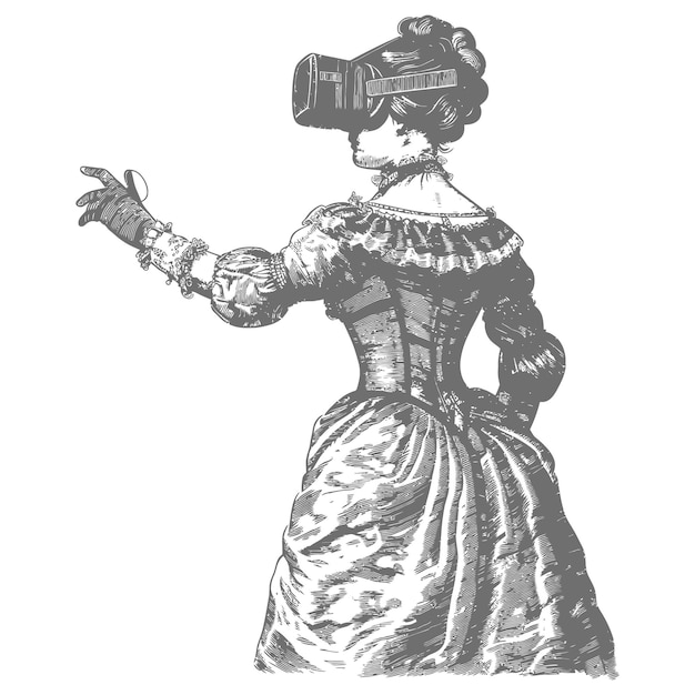 Vrouw speelt virtuele realiteit headset in oude gravure stijl kunst