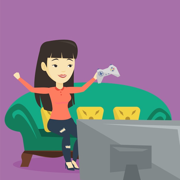 Vrouw spelen van video game illustratie.