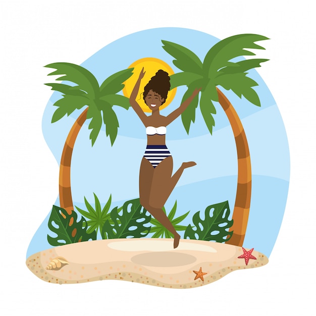 vrouw springen en het dragen van zwembroek met palmen bomen en bladeren planten