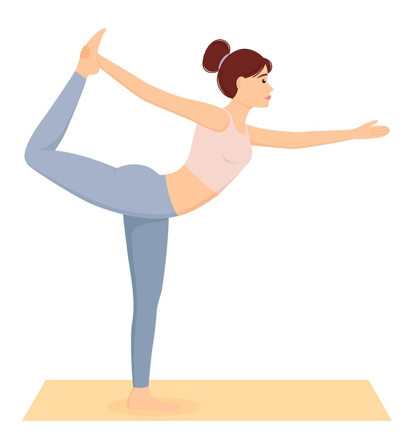 Vrouw staande in Natarajasana pose Meisje doet pilates fitness en yoga oefeningen op mat Gezonde levensstijl Home workout vectorillustratie