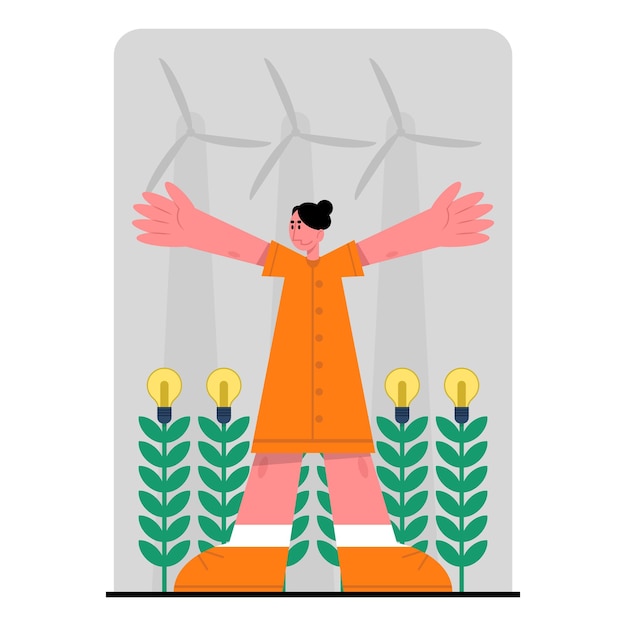 Vector vrouw staat in het veld bij windmolens en kweekt tarwe met natuurlijke energie.