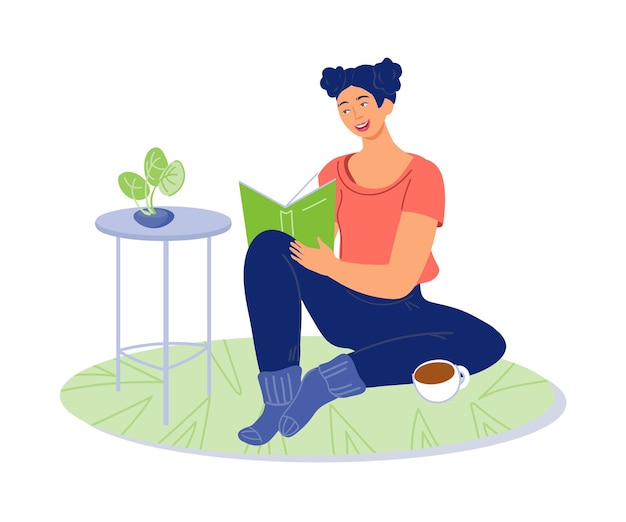 Vrouw stripfiguur lezen van een boek zittend op de vloer thuis Online bibliotheek en onderwijs op afstand literatuur erfgoed en leren thuis concept platte vectorillustratie geïsoleerd